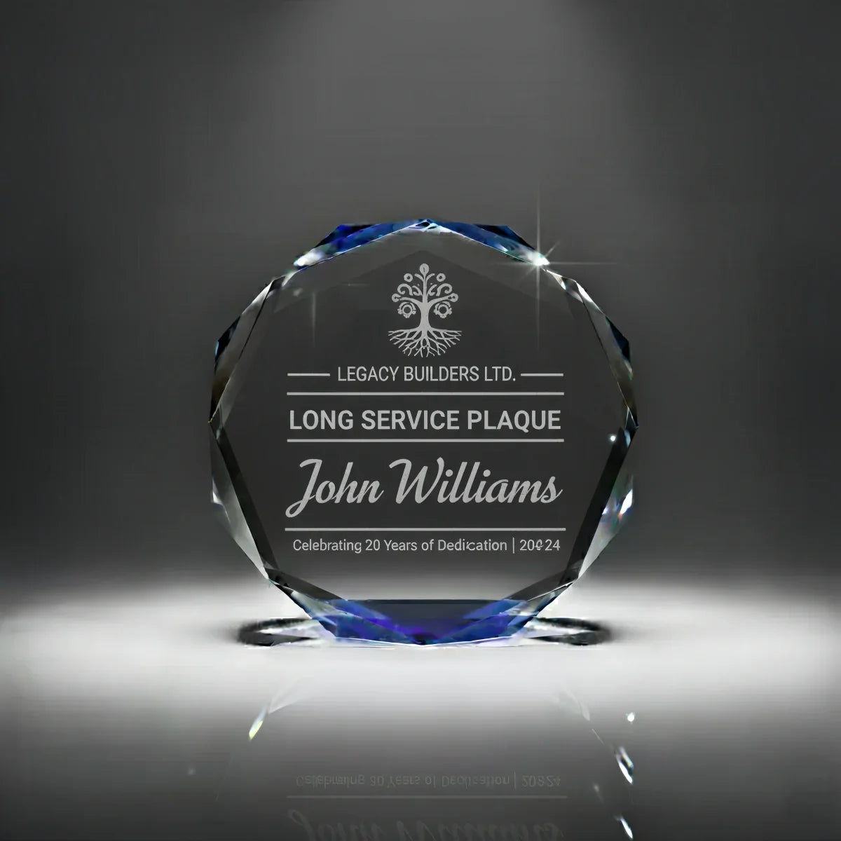 Octagon crystal plaque for long service and loyalty recognition