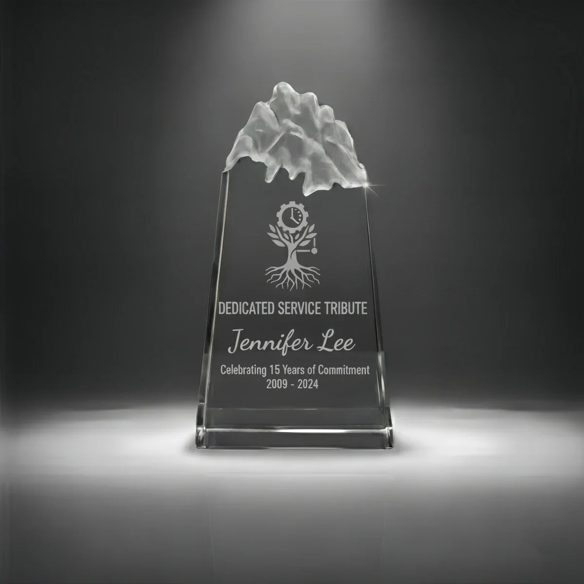 Engraved peak crystal award for long service recognition