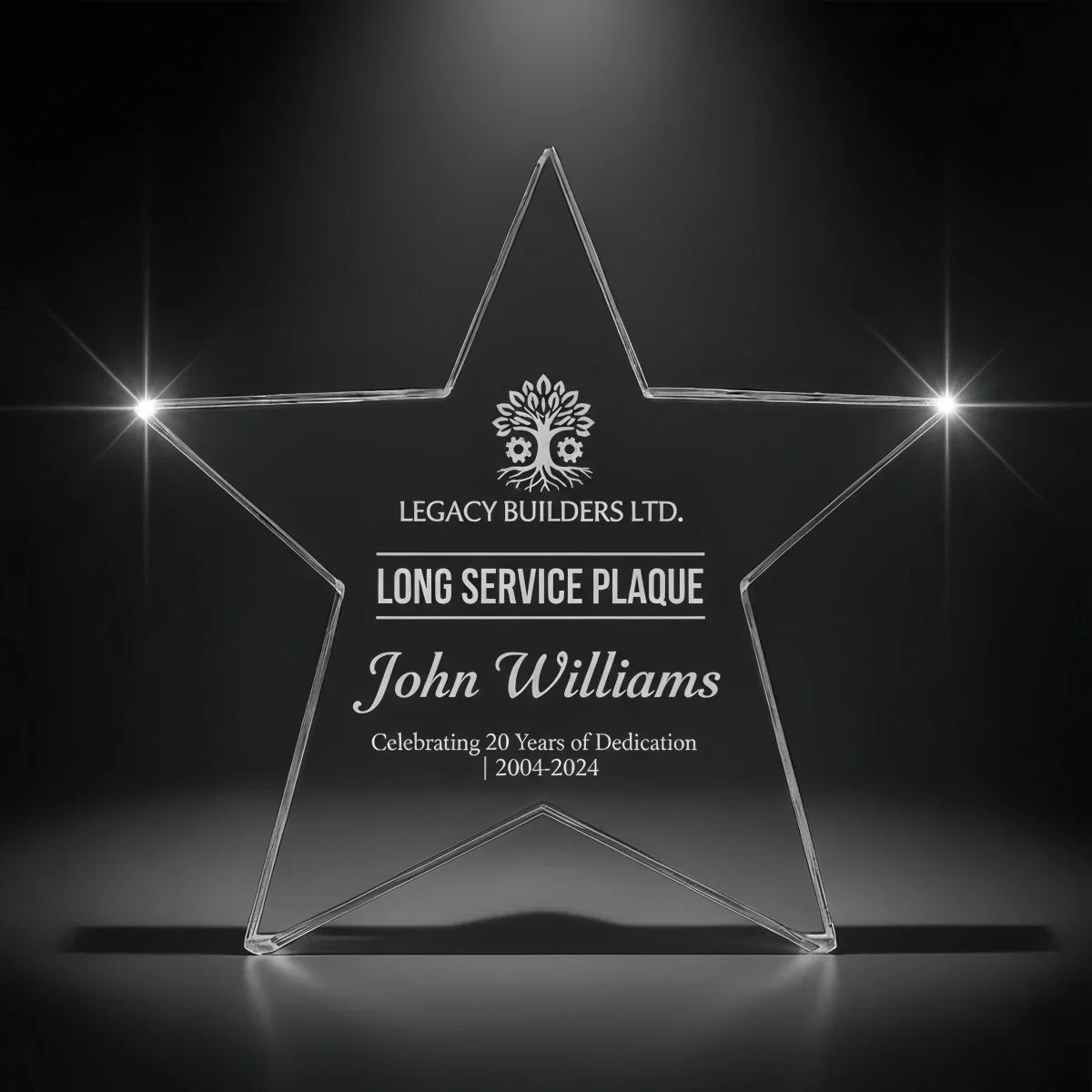 Custom engraved star crystal trophy for career recognition