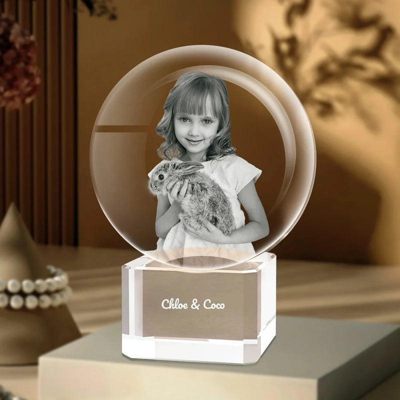 Medium 3D crystal ball photo gift – balanced size for desktop or shelf display, custom-engraved and made in Australia, free delivery included