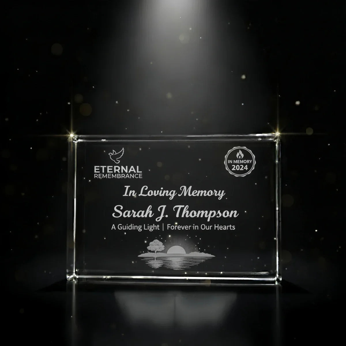 Personalized landscape crystal plaque for family memorials