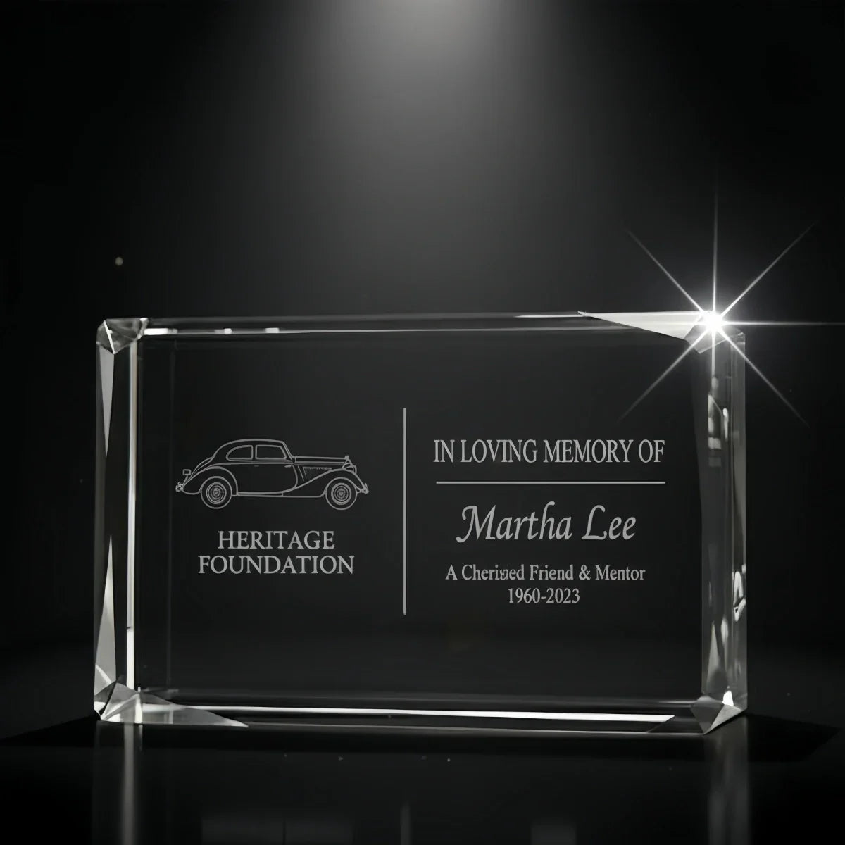 Elegant faceted landscape memorial crystal plaque for loved ones