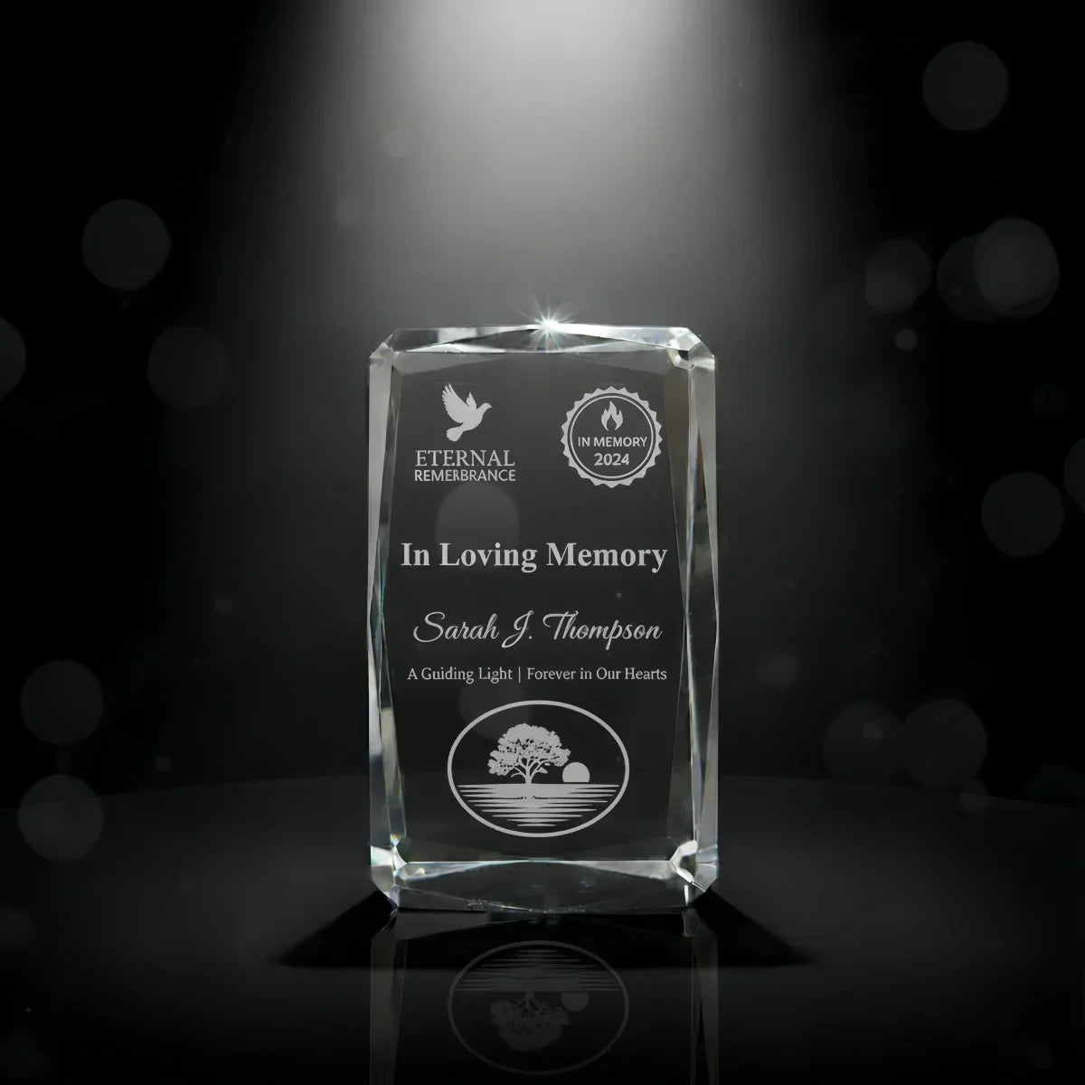 Faceted cube crystal plaque reflecting eternal light and memory