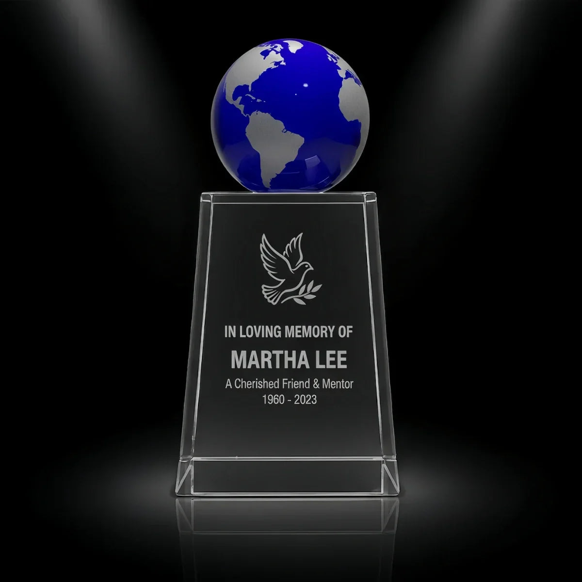Personalized blue globe crystal plaque for memorial tribute