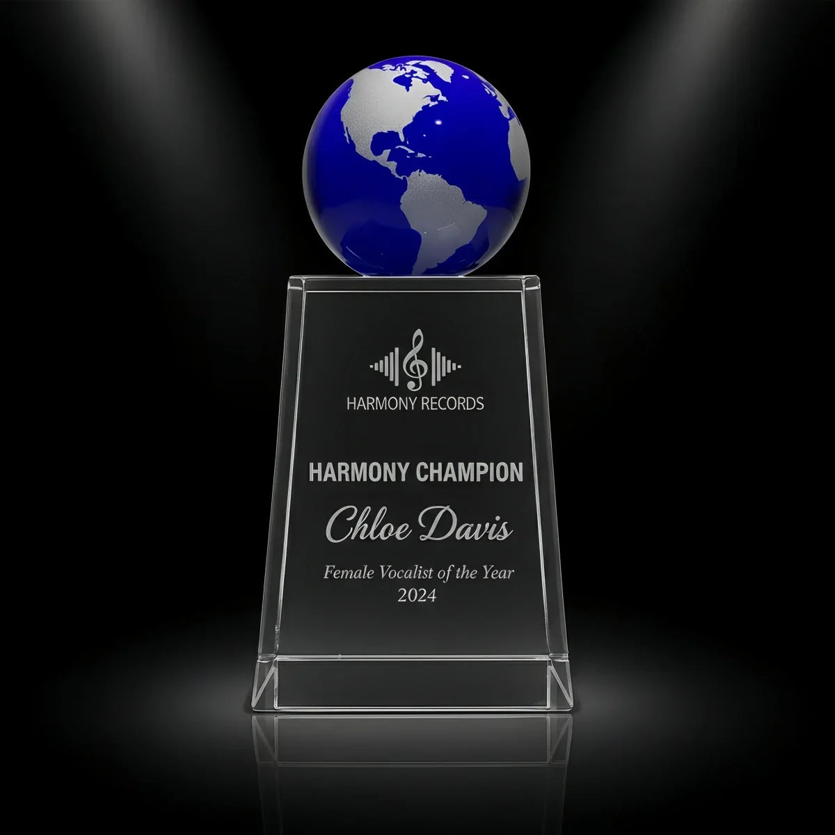 Blue globe crystal music trophy for global performance recognition
