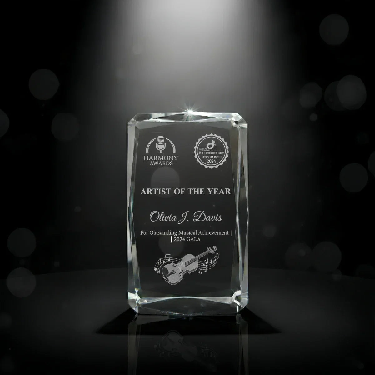 3D faceted cube crystal gift celebrating musical excellence