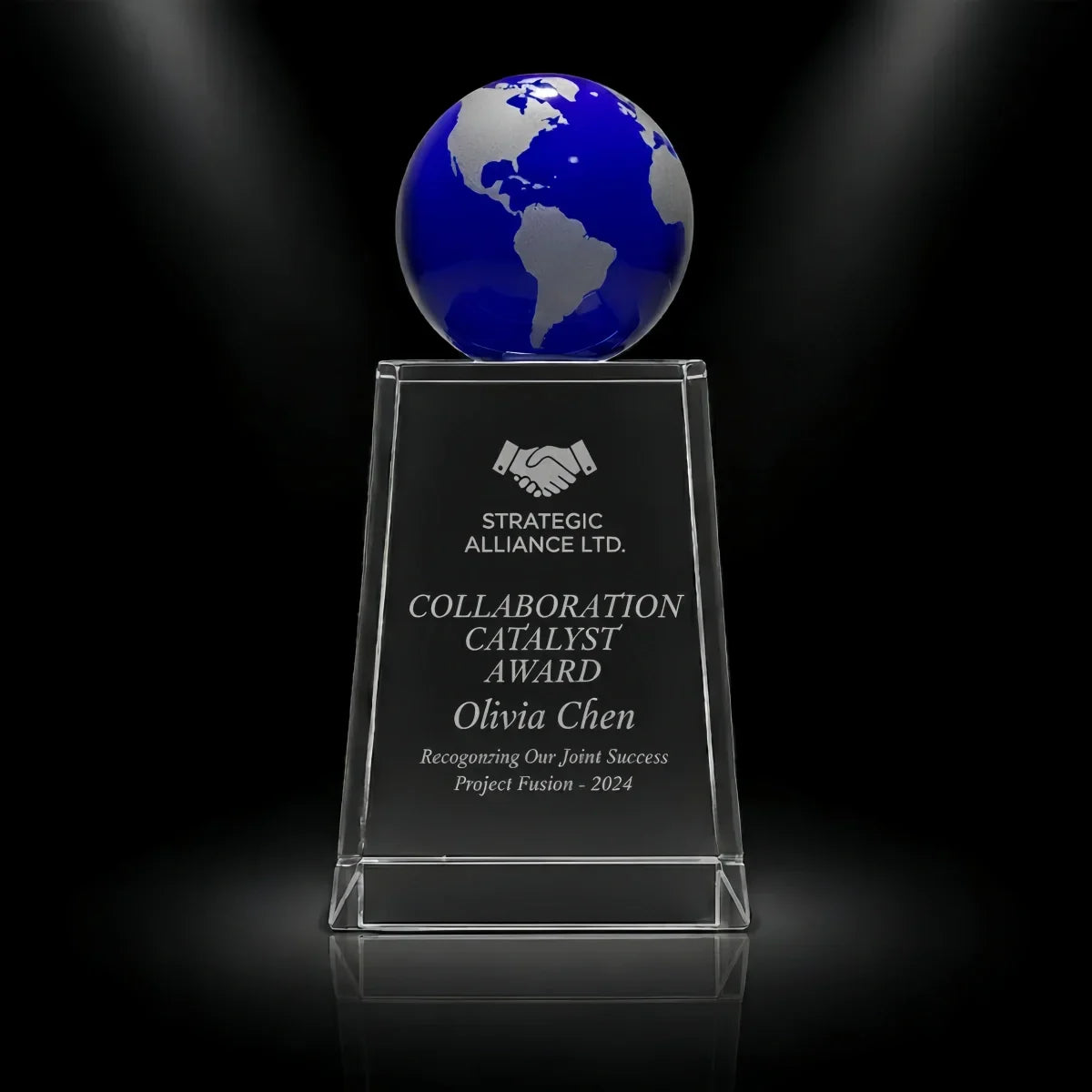 Custom blue globe crystal award for business collaboration