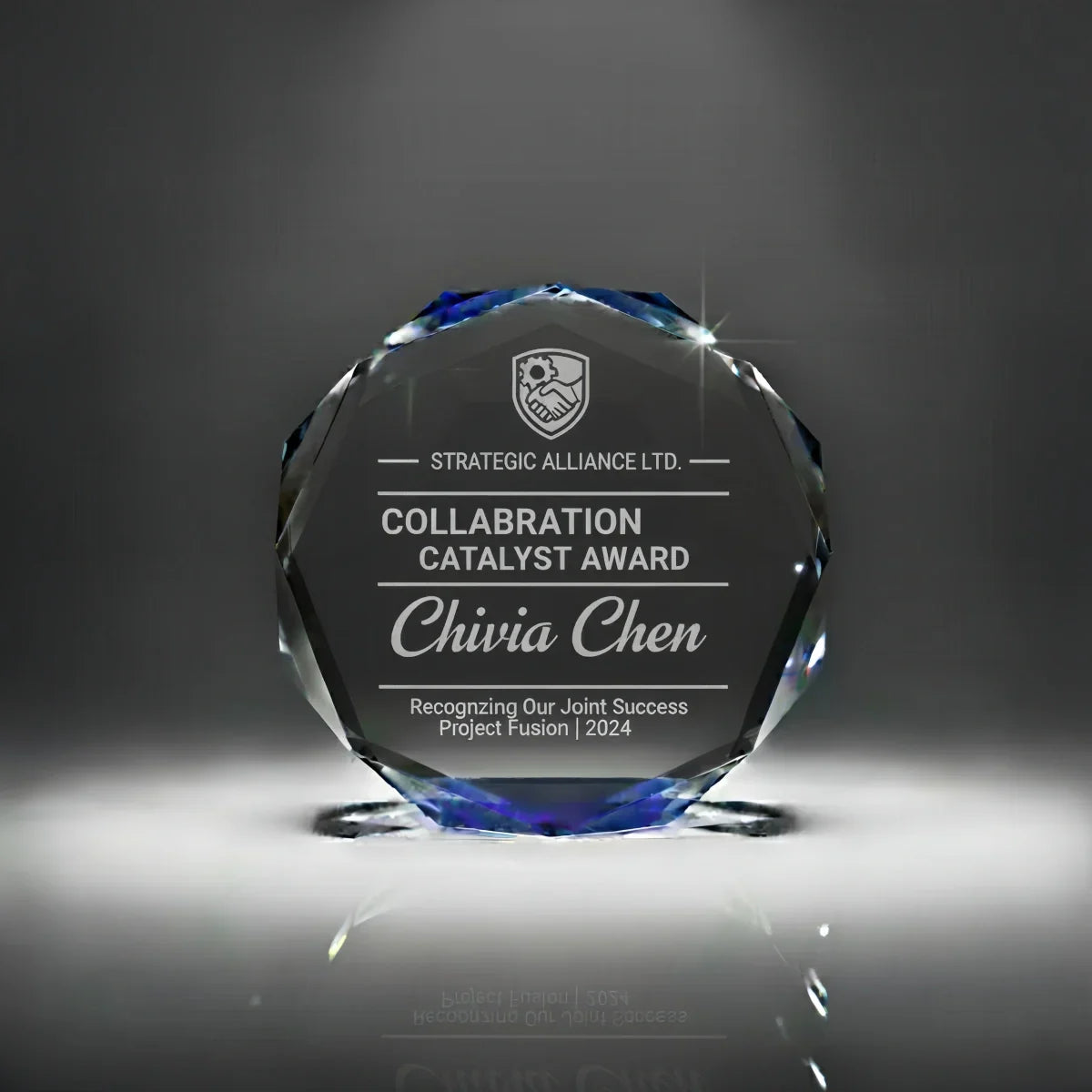 Custom engraved octagon crystal award for business collaboration