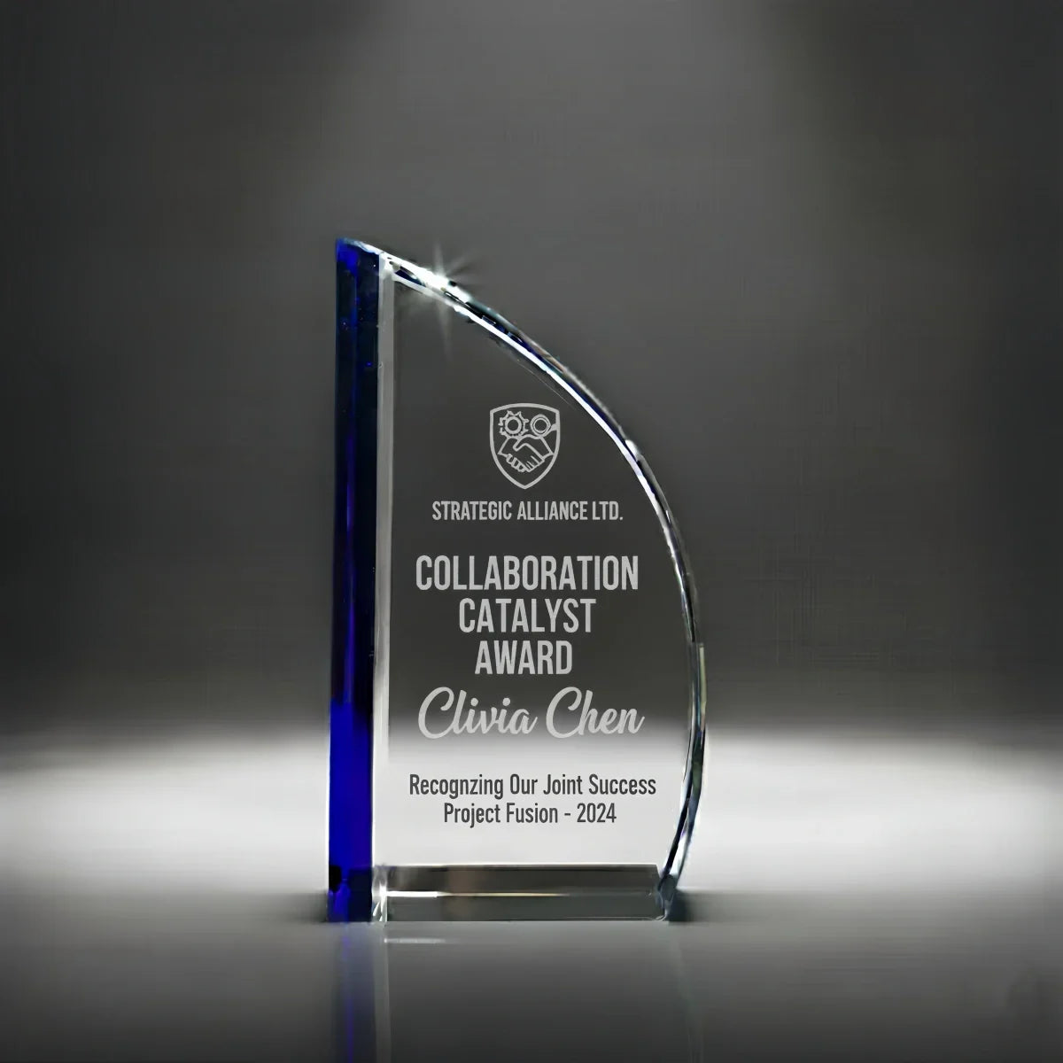 Custom sail-shaped crystal gift celebrating collaboration success