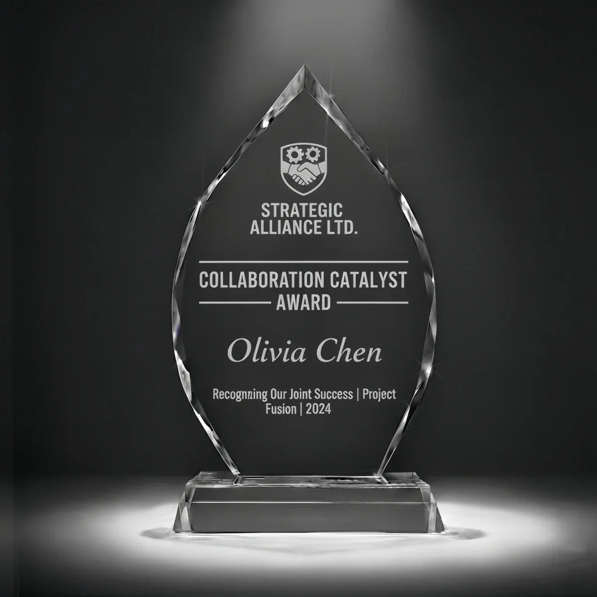 Engraved arrowhead-shaped crystal celebrating collaboration success