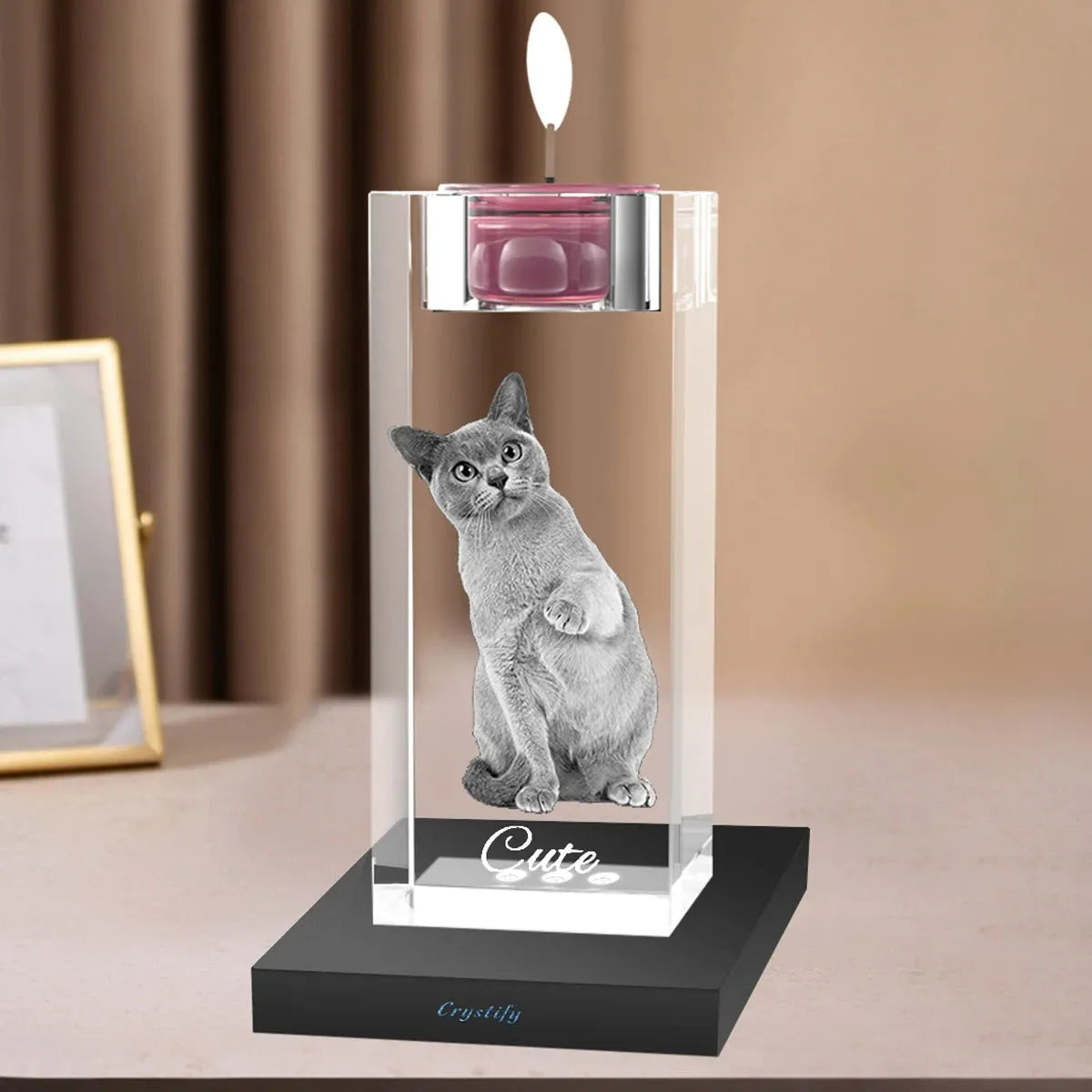 Small 3D crystal candle holder with personalised photo. Order online with free shipping in Australia.