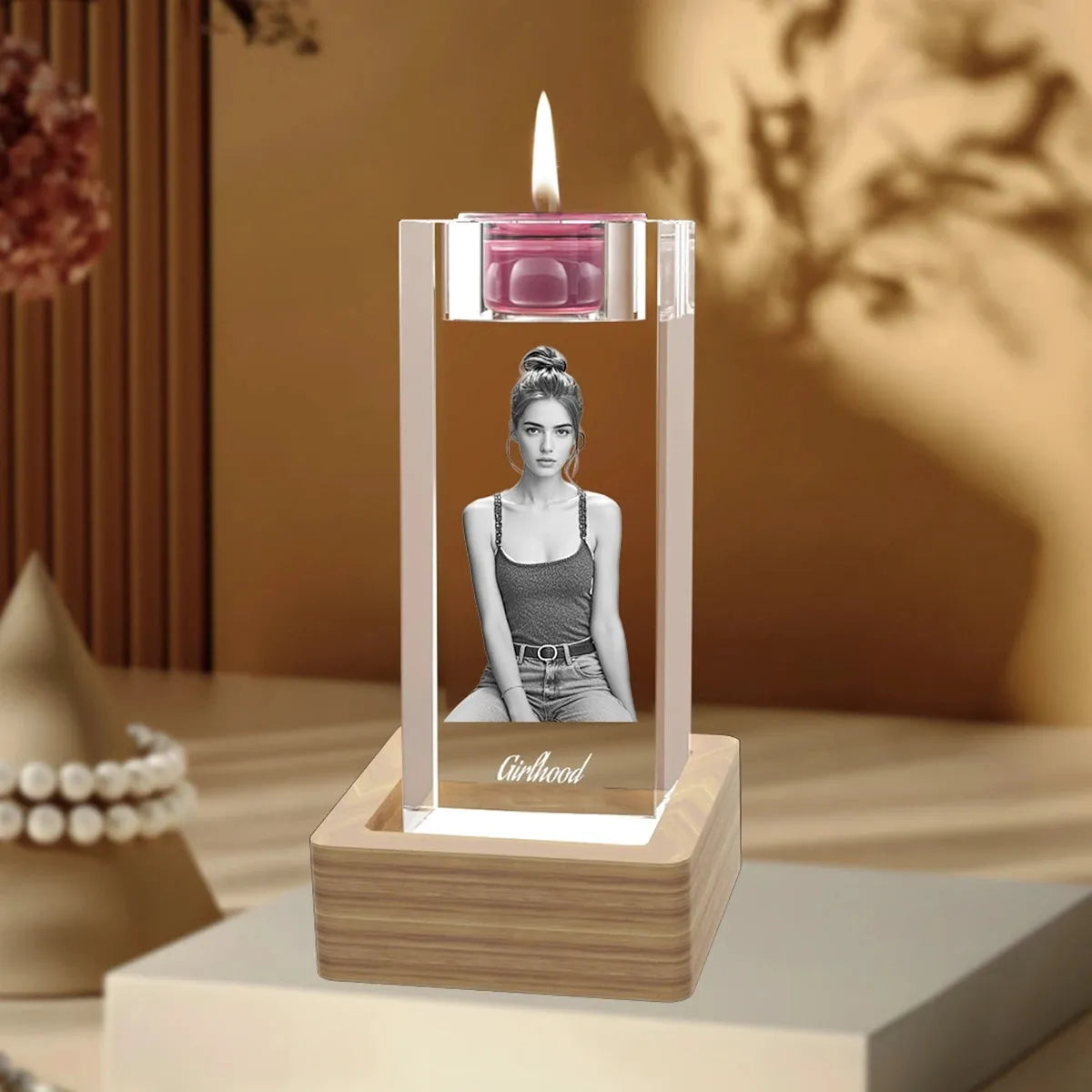 Small crystal candle stick with custom engraved photo. Order online with free shipping in Australia.
