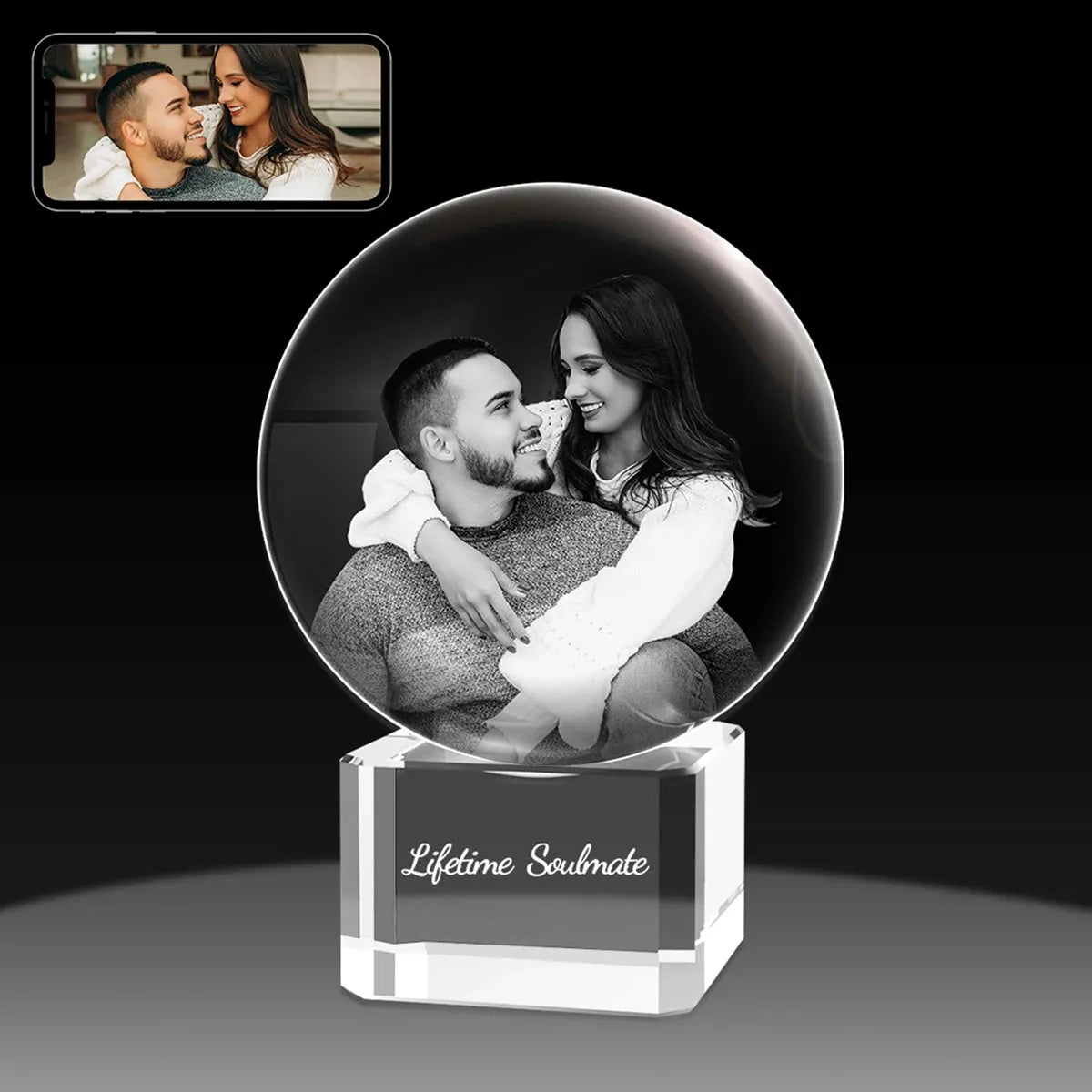 Small 3D crystal ball photo gift – compact and elegant, personalised laser engraving, handcrafted in Australia, shop online with free shipping