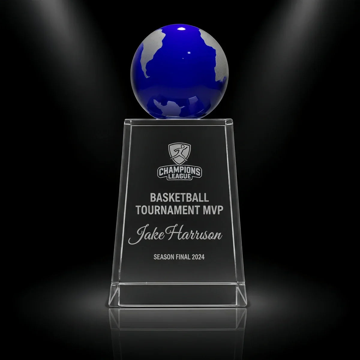 Blue globe crystal trophy for sports and corporate awards