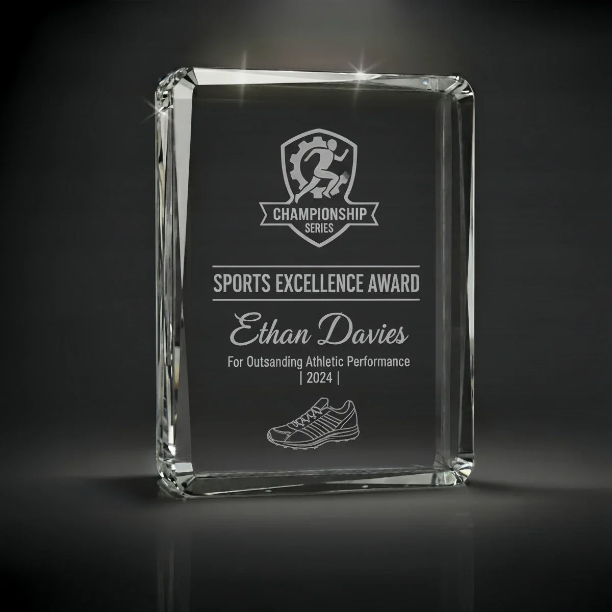 Personalised portrait crystal award for sports recognition