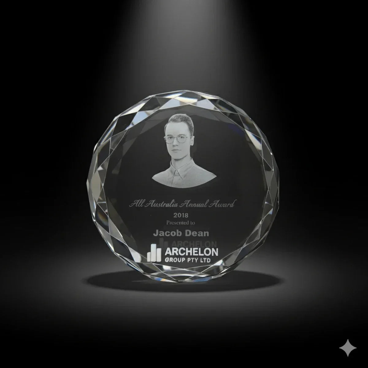 3D Crystal trophy & award with engraved text and a portrait in Australia