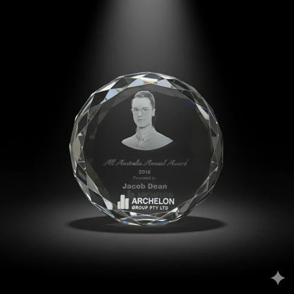 3D Crystal trophy & award with engraved text and a portrait in Australia