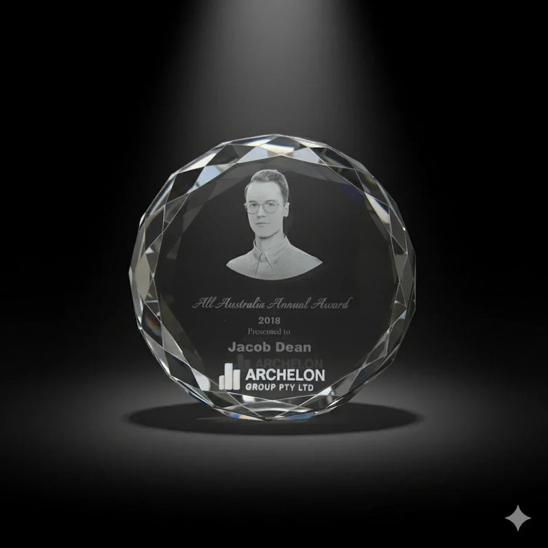 3D Crystal trophy & award with engraved text and a portrait in Australia