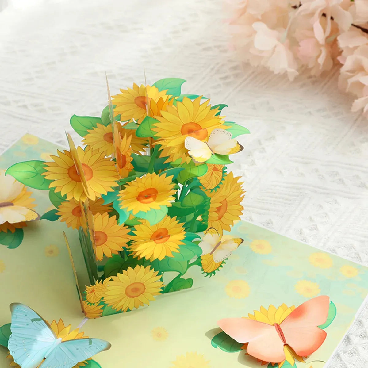 Close-up of sunflower 3D greeting card detail. Online order available with free shipping in AU.