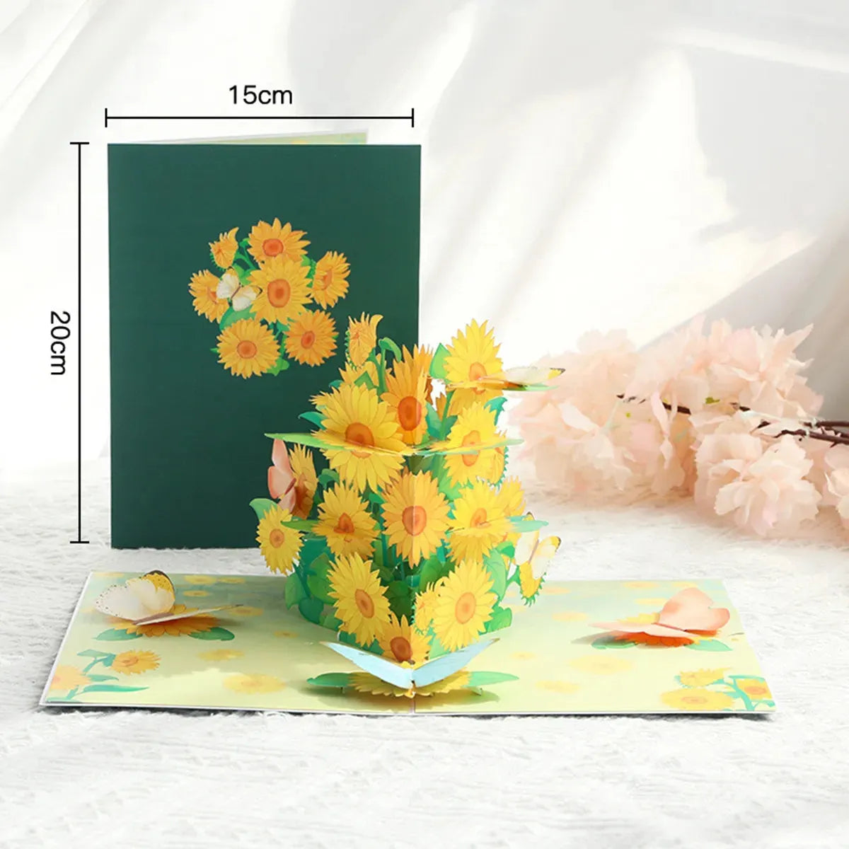Fully opened 3D sunflower greeting card. Available for online order with free Australian delivery.