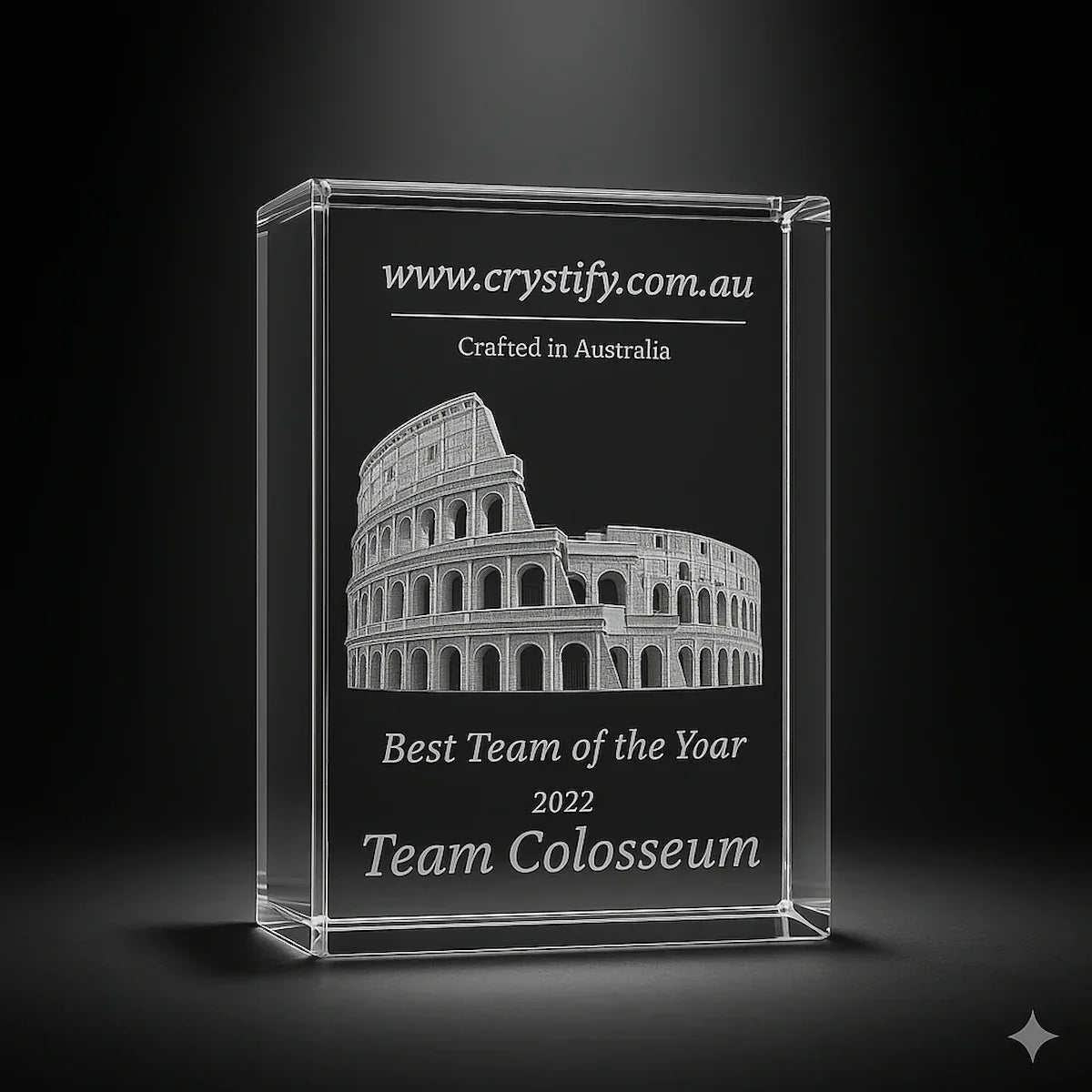 Crystal award & trophy with engraved photo and text on a wooden base