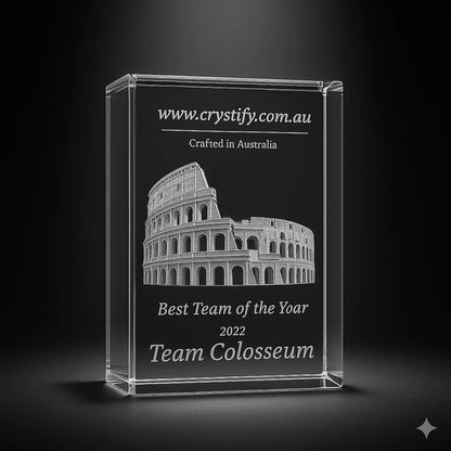 Crystal award & trophy with engraved photo and text on a wooden base
