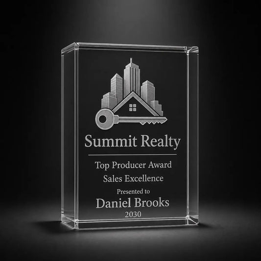 Crystal award & trophy with engraved photo and text on a wooden base