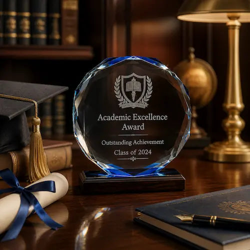 Academic achievement crystal award displayed in an elegant study setting with graduation details and warm lighting