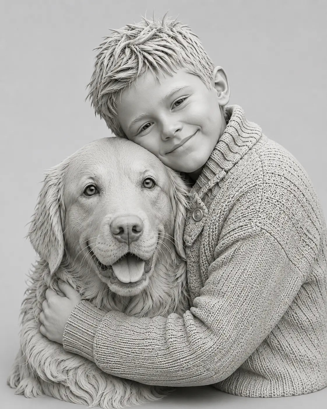 3D model of a boy and golden retriever prepared for crystal engraving