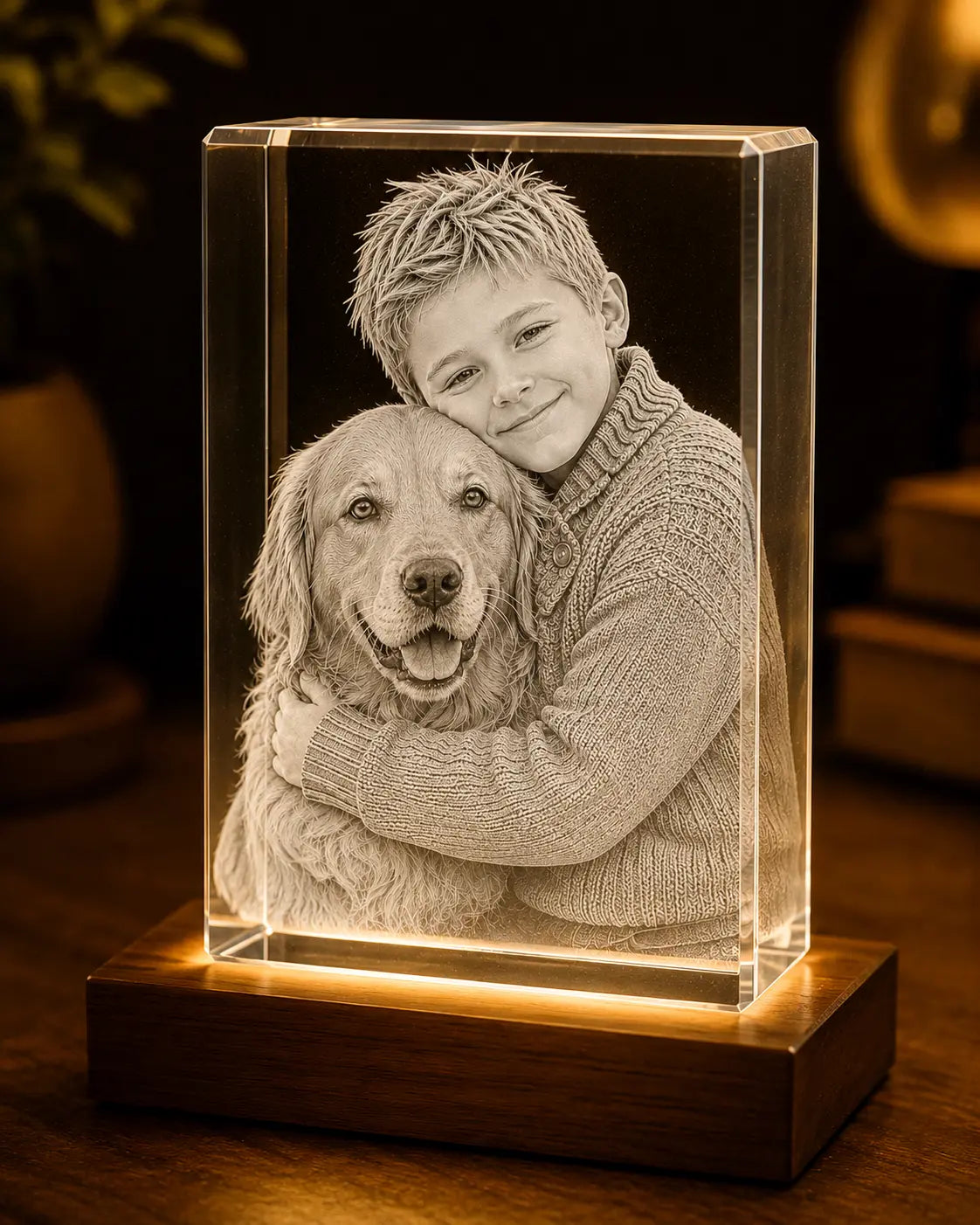 Finished 3D photo crystal with a boy and golden retriever engraved inside