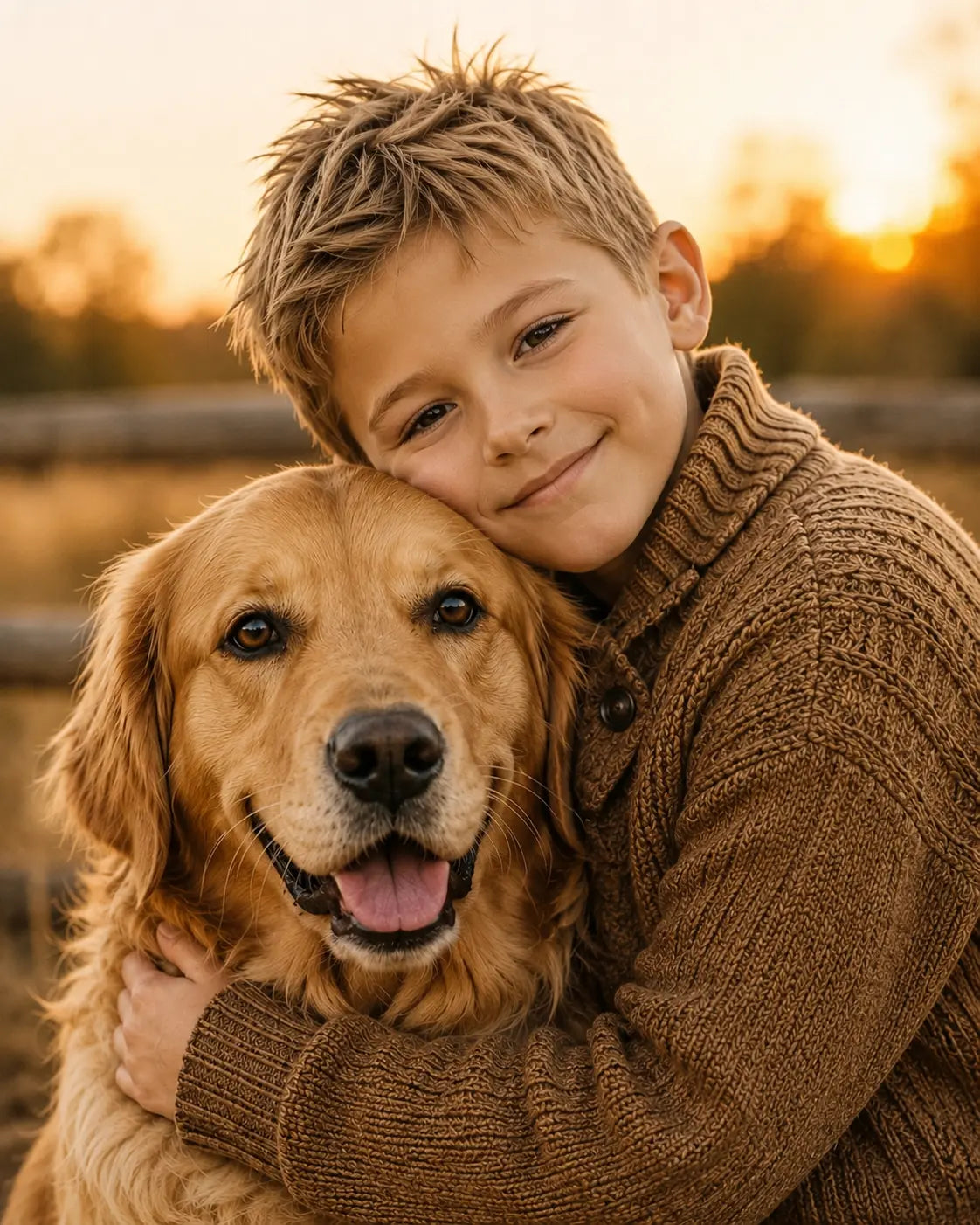 Boy hugging a golden retriever photo for personalised 3D crystal gift