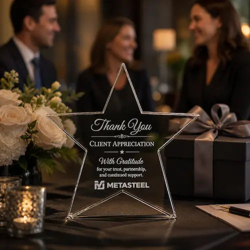 Client appreciation crystal gift with thank you engraving in an elegant corporate celebration scene