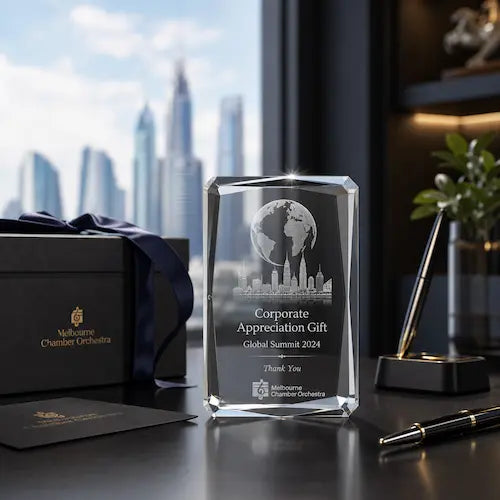 Corporate crystal souvenir gift displayed in a modern office with gift box, skyline engraving and premium presentation
