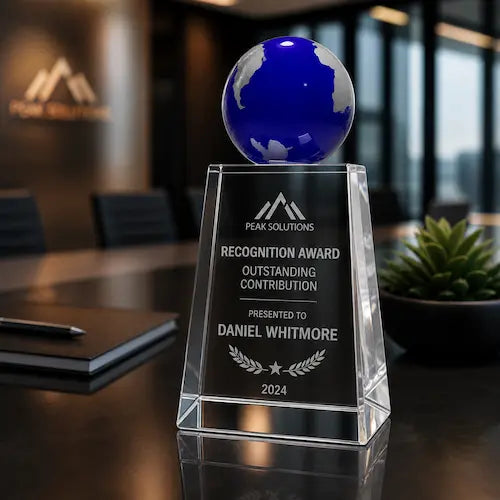 Corporate recognition crystal plaque with engraved contribution message in a modern boardroom setting