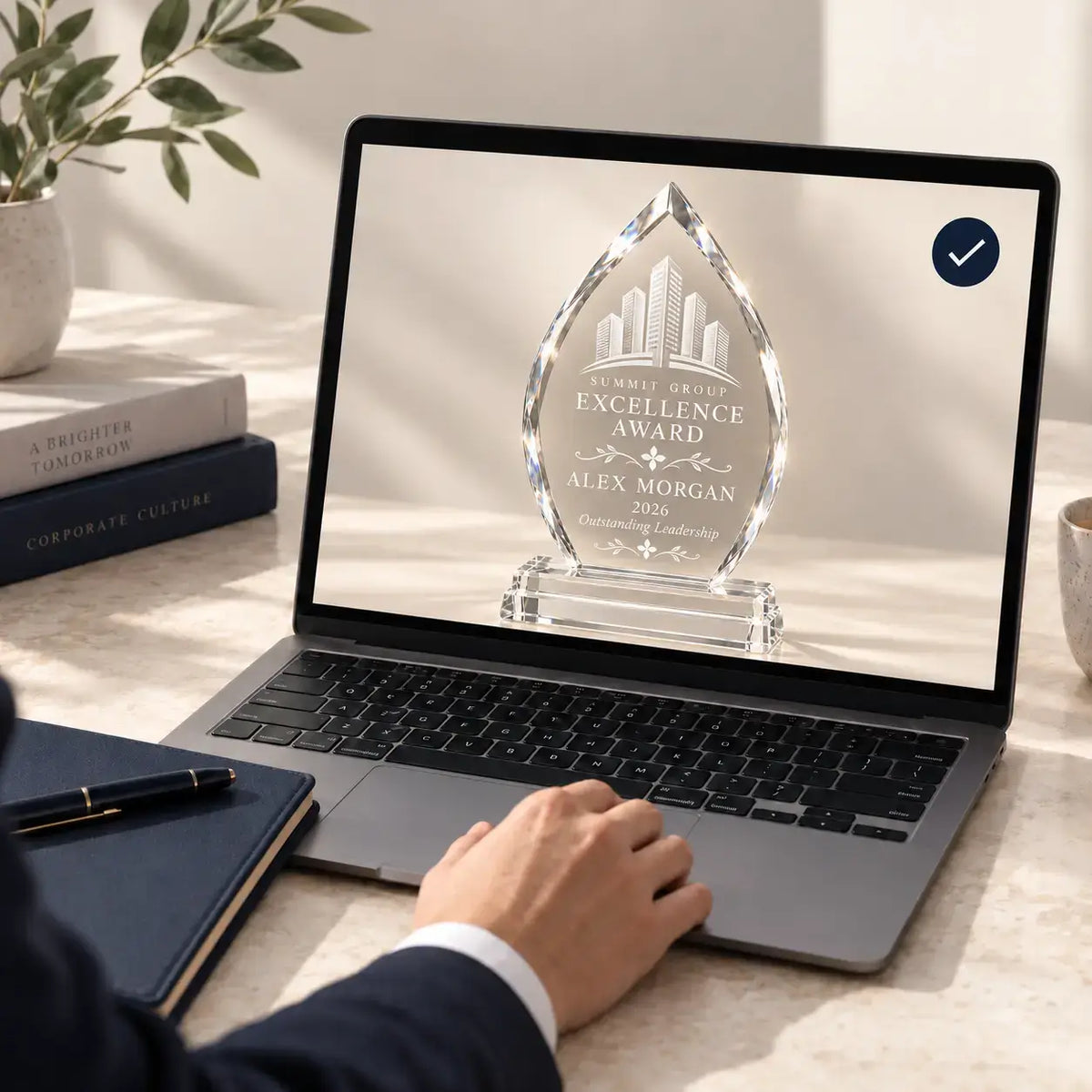 Laptop displaying an arrowhead crystal award preview with the Summit Group logo and Alex Morgan’s 2026 award details