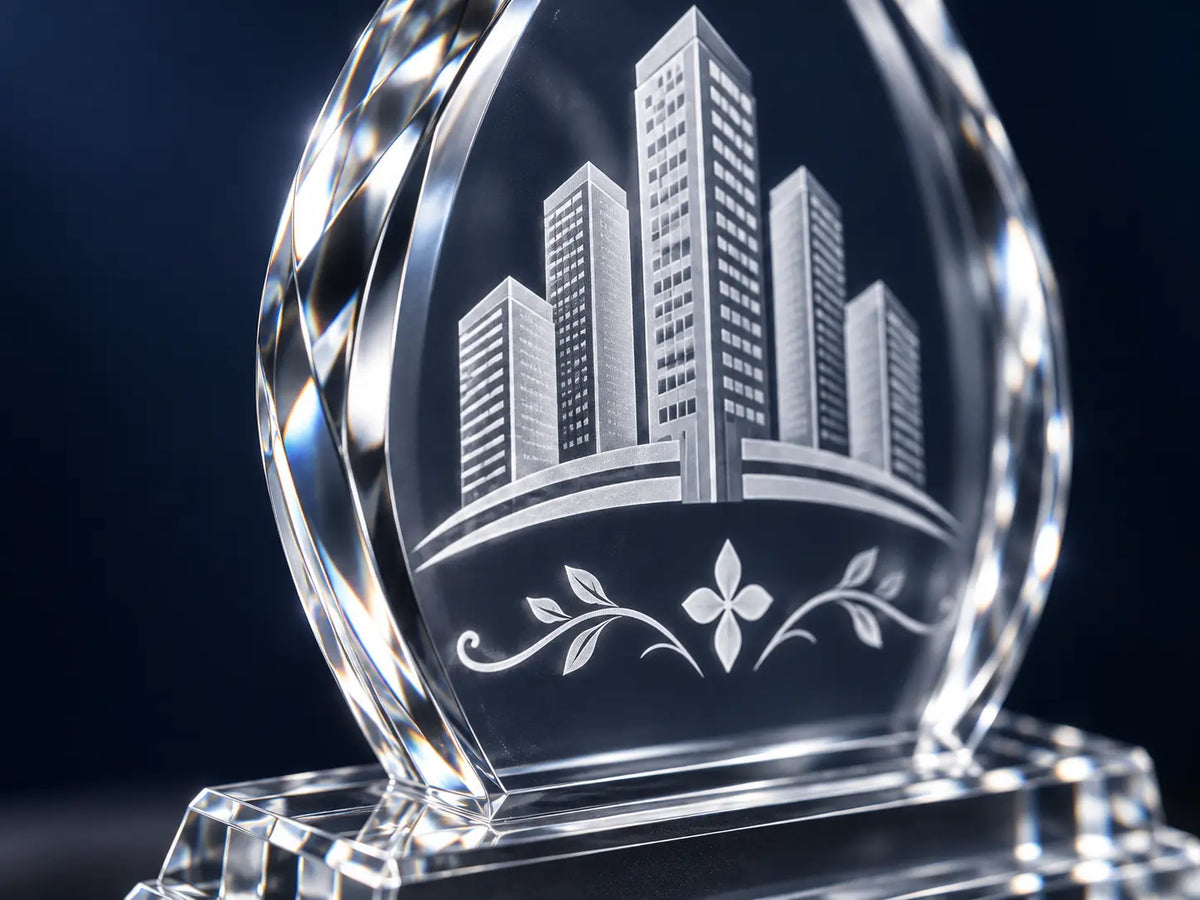 Close-up of a building logo and floral details engraved inside an arrowhead crystal award