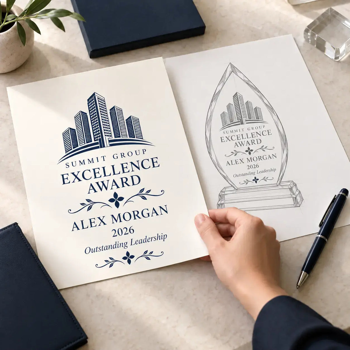 Printed award artwork and arrowhead trophy sketch featuring a building logo, floral dividers and recipient details