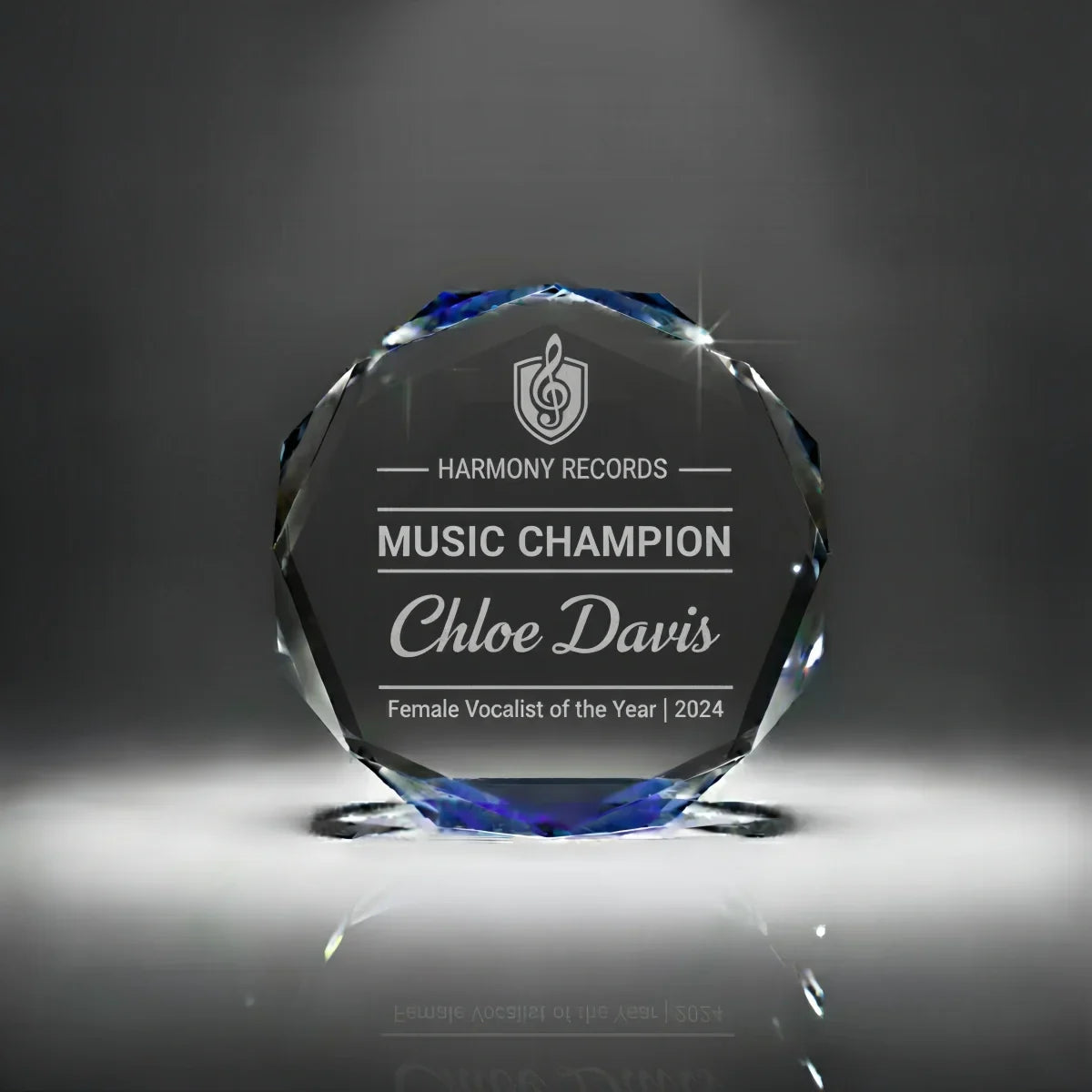 Clear octagon crystal plaque celebrating music excellence