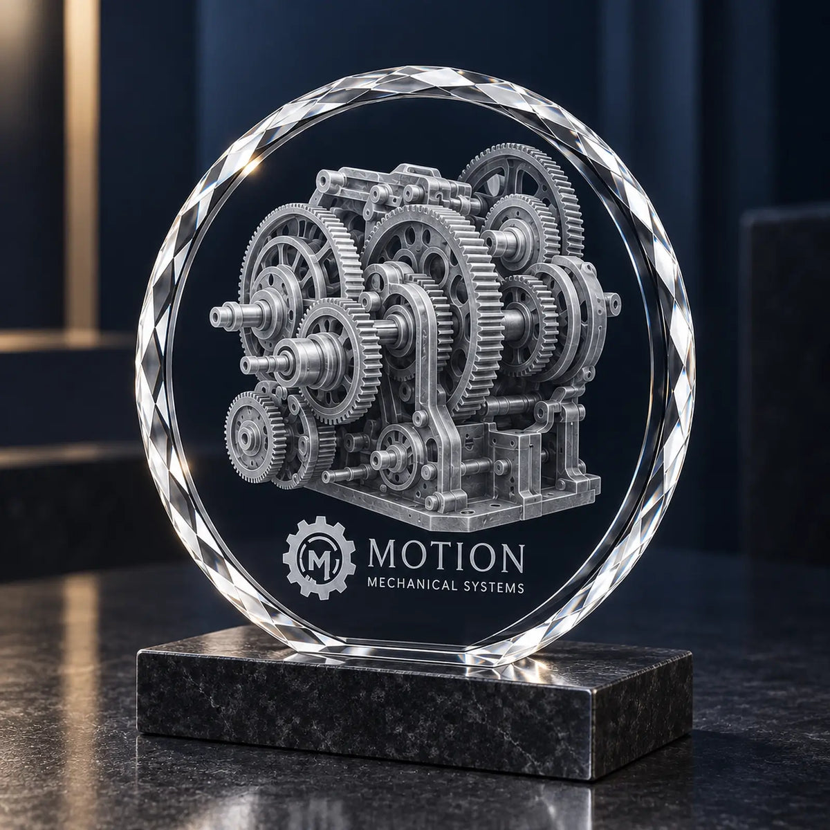 Round crystal award with a detailed 3D gearbox engraving, displayed on a dark stone plinth.