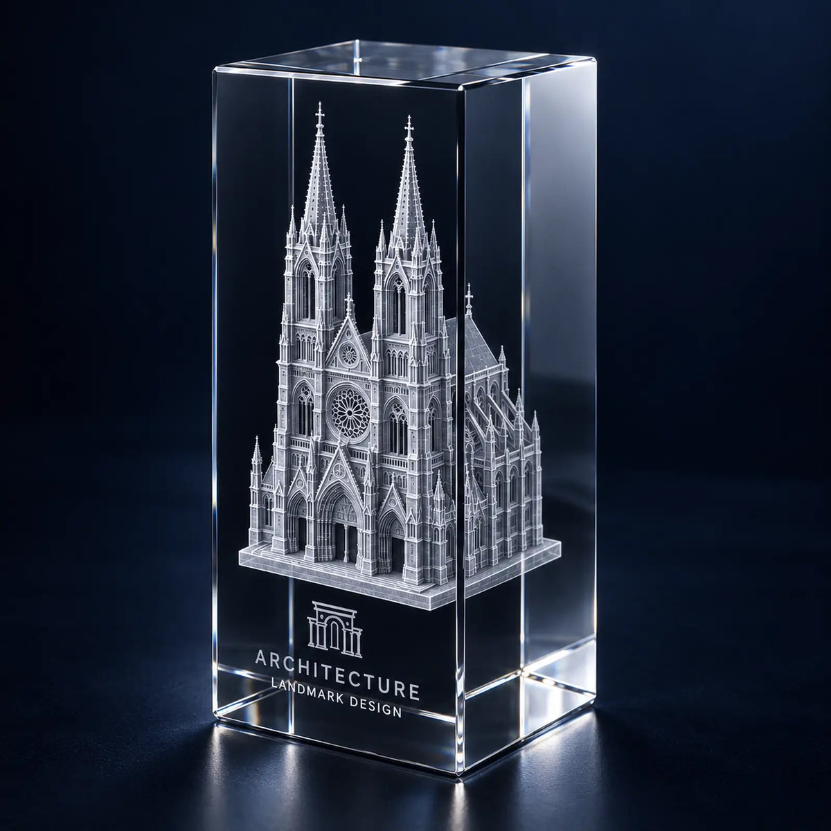 Angled view of a rectangular crystal award with an intricate 3D cathedral engraved inside.