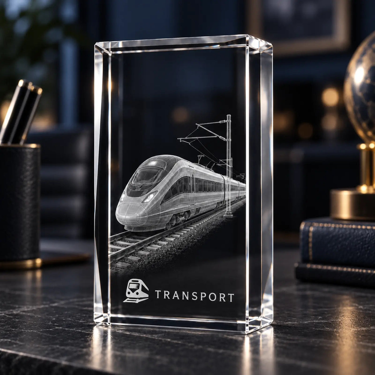 High-speed train model engraved inside a portrait crystal award with Transport branding below.
