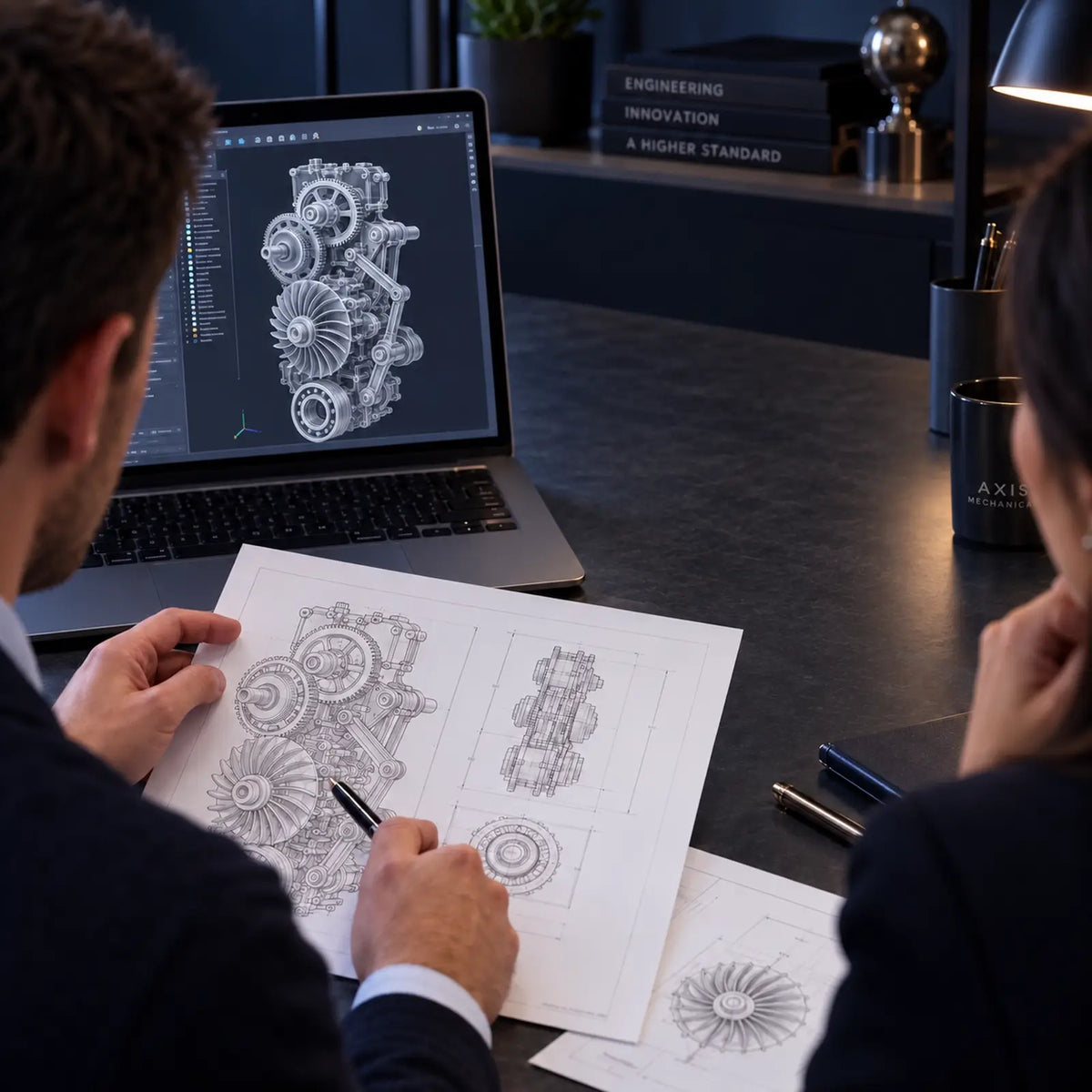 Two people review mechanical drawings beside a laptop displaying the matching 3D model.