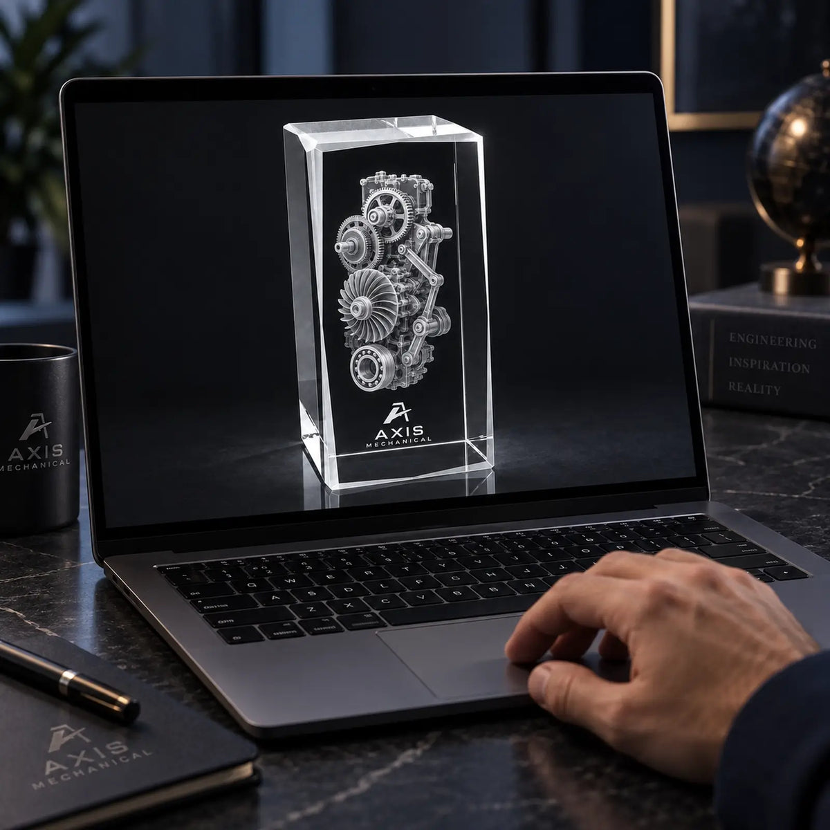 Laptop displaying a crystal award design preview with a 3D mechanical model and Axis Mechanical branding.