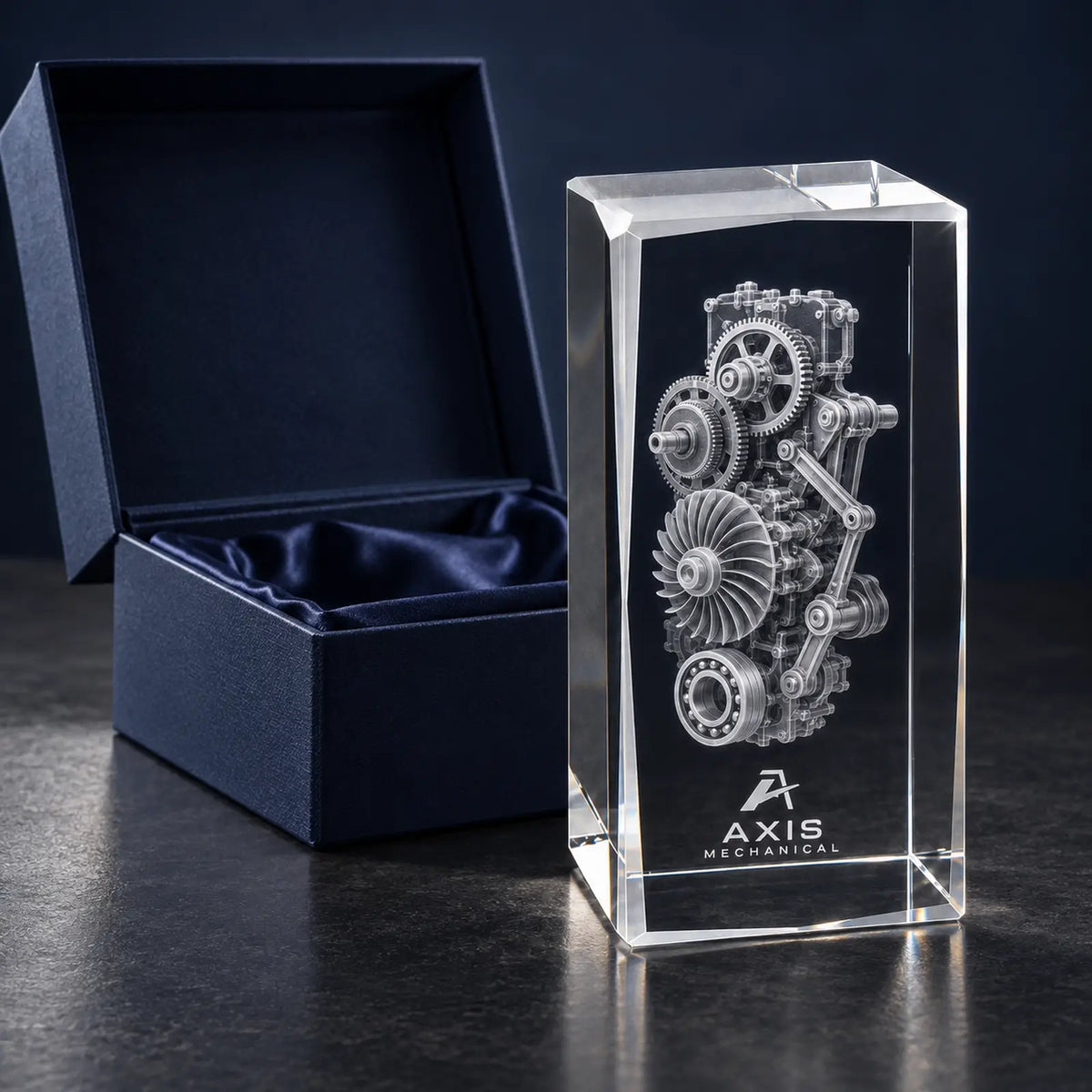 Finished 3D mechanical crystal award displayed beside an open navy presentation box.