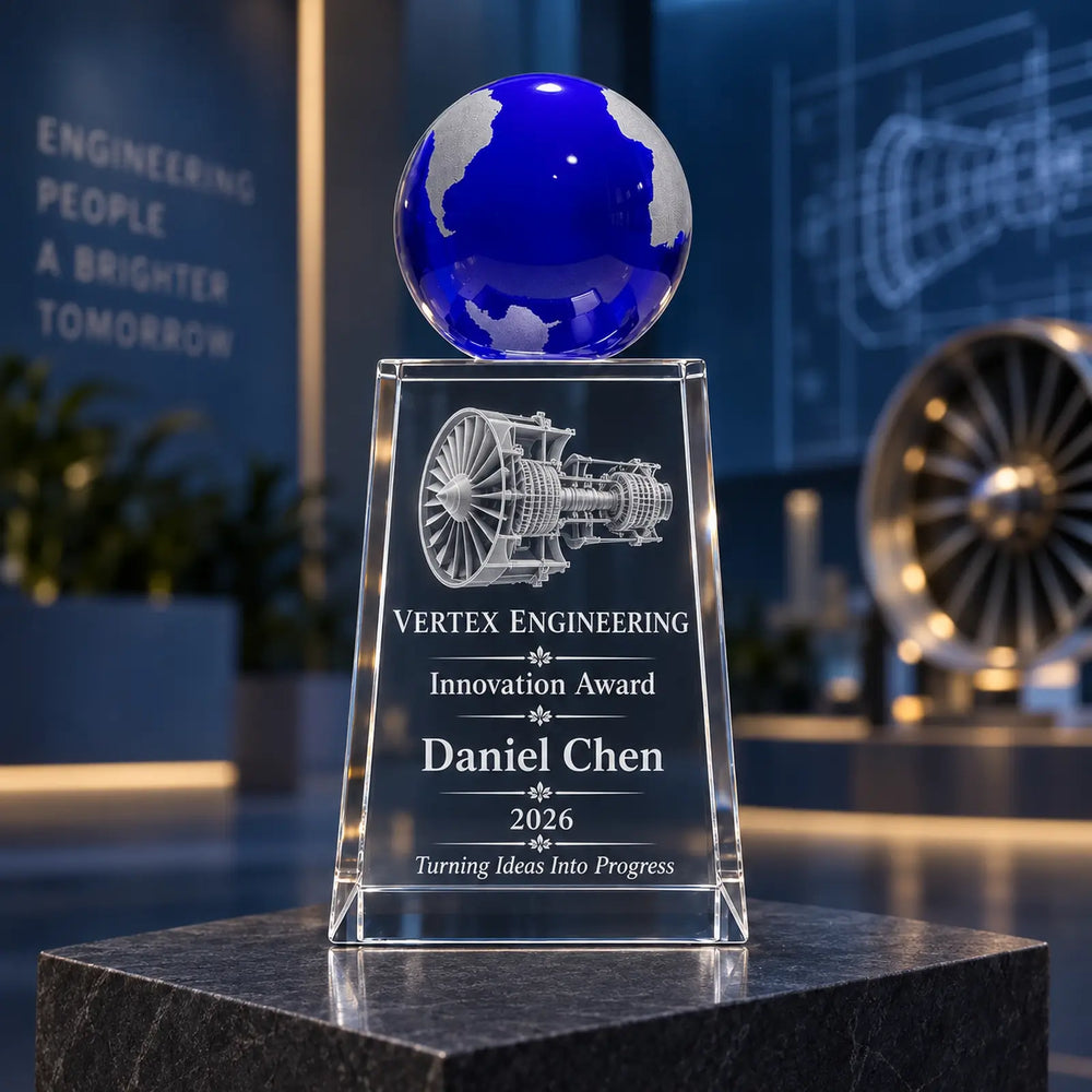 Personalised Blue Globe Crystal Employee Award