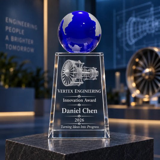 Personalised Blue Globe Crystal Employee Award