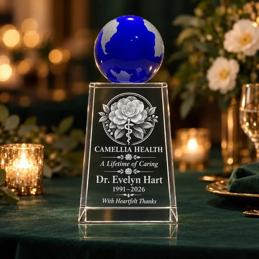 Custom Blue Globe Crystal Retirement Award