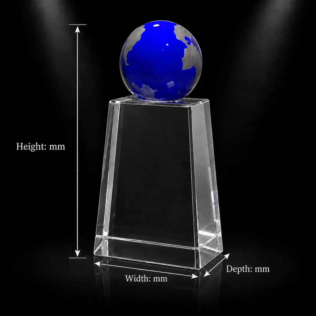 Custom 3D crystal award and trophy with blue globe design, ideal for corporate recognition, global achievement and business awards.