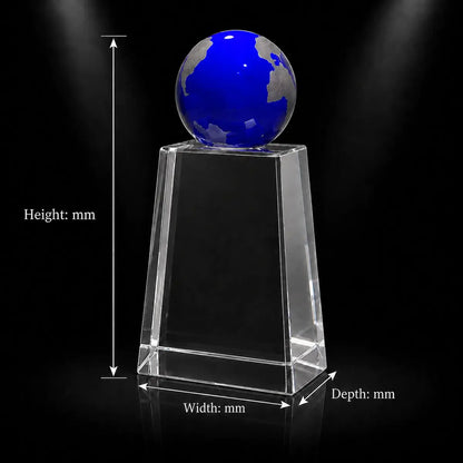 Custom 3D crystal award and trophy with blue globe design, ideal for corporate recognition, global achievement and business awards.