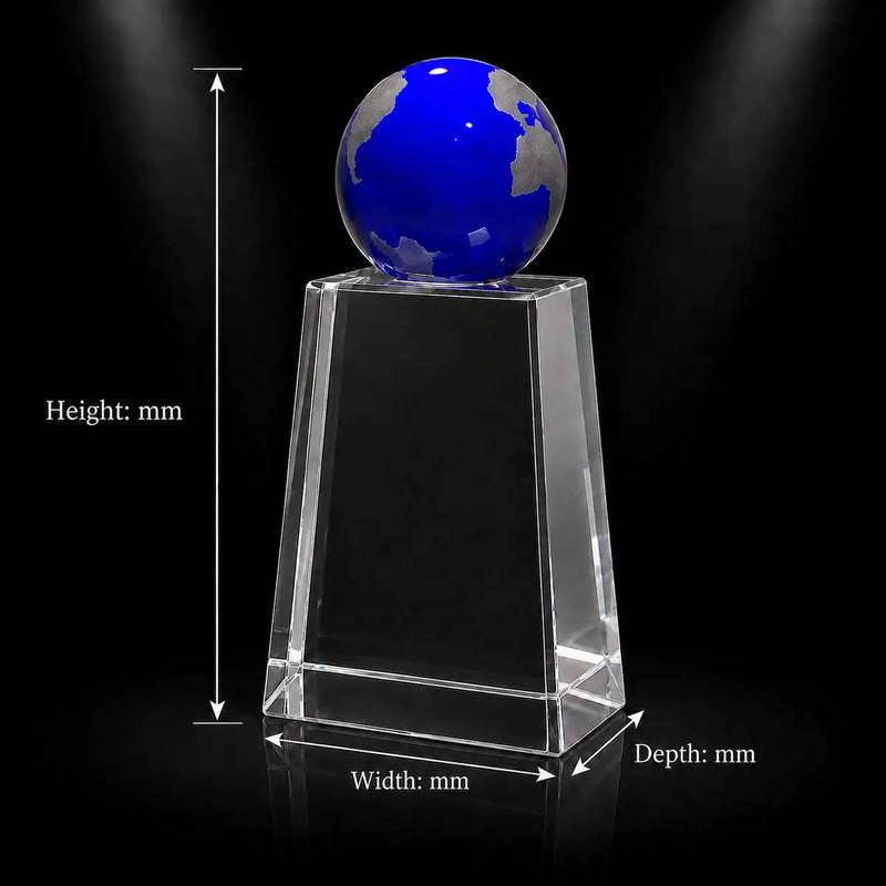 Custom 3D crystal award and trophy with blue globe design, ideal for corporate recognition, global achievement and business awards.